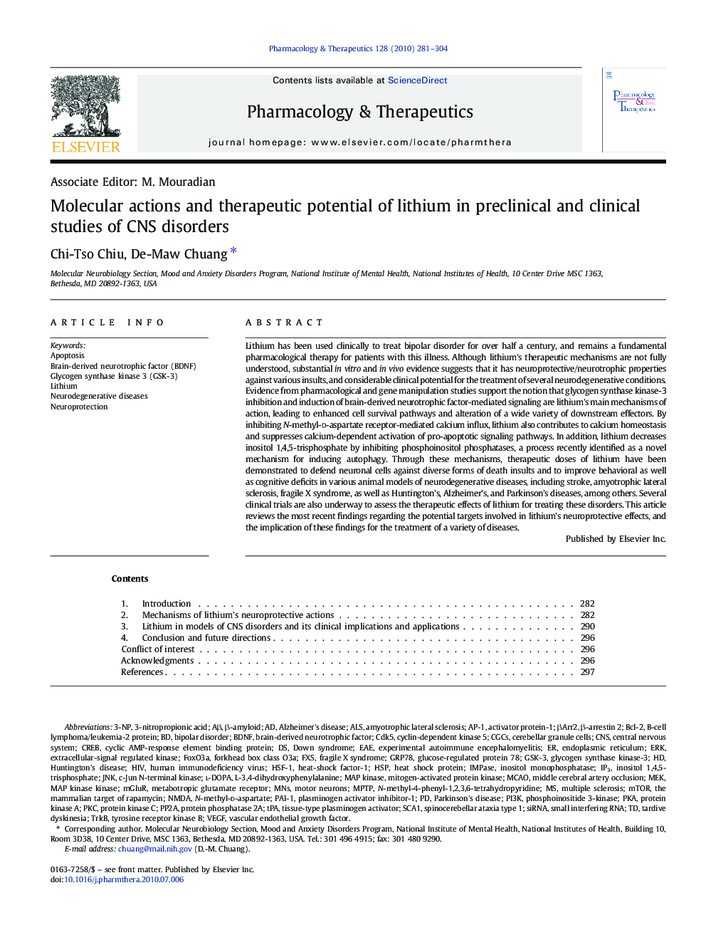 Molecular actions and therapeutic potential of lithium in preclinical and clinical studies of CNS disorders