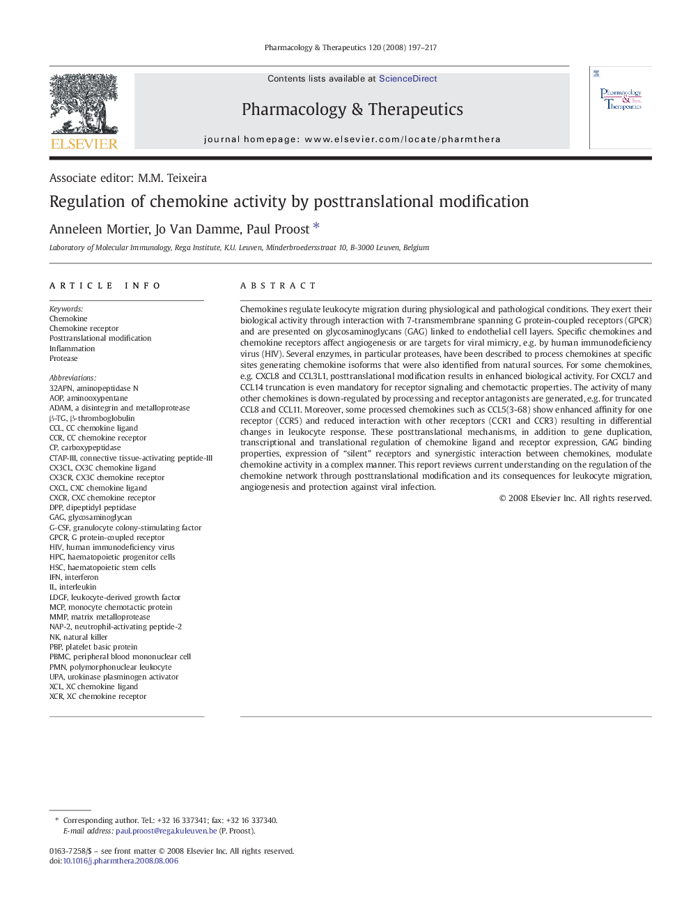 Regulation of chemokine activity by posttranslational modification