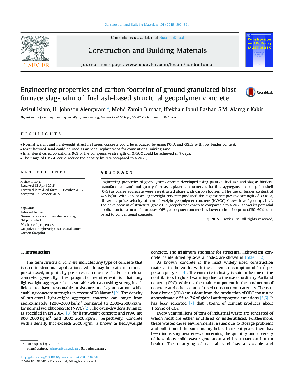 Engineering properties and carbon footprint of ground granulated blast-furnace slag-palm oil fuel ash-based structural geopolymer concrete