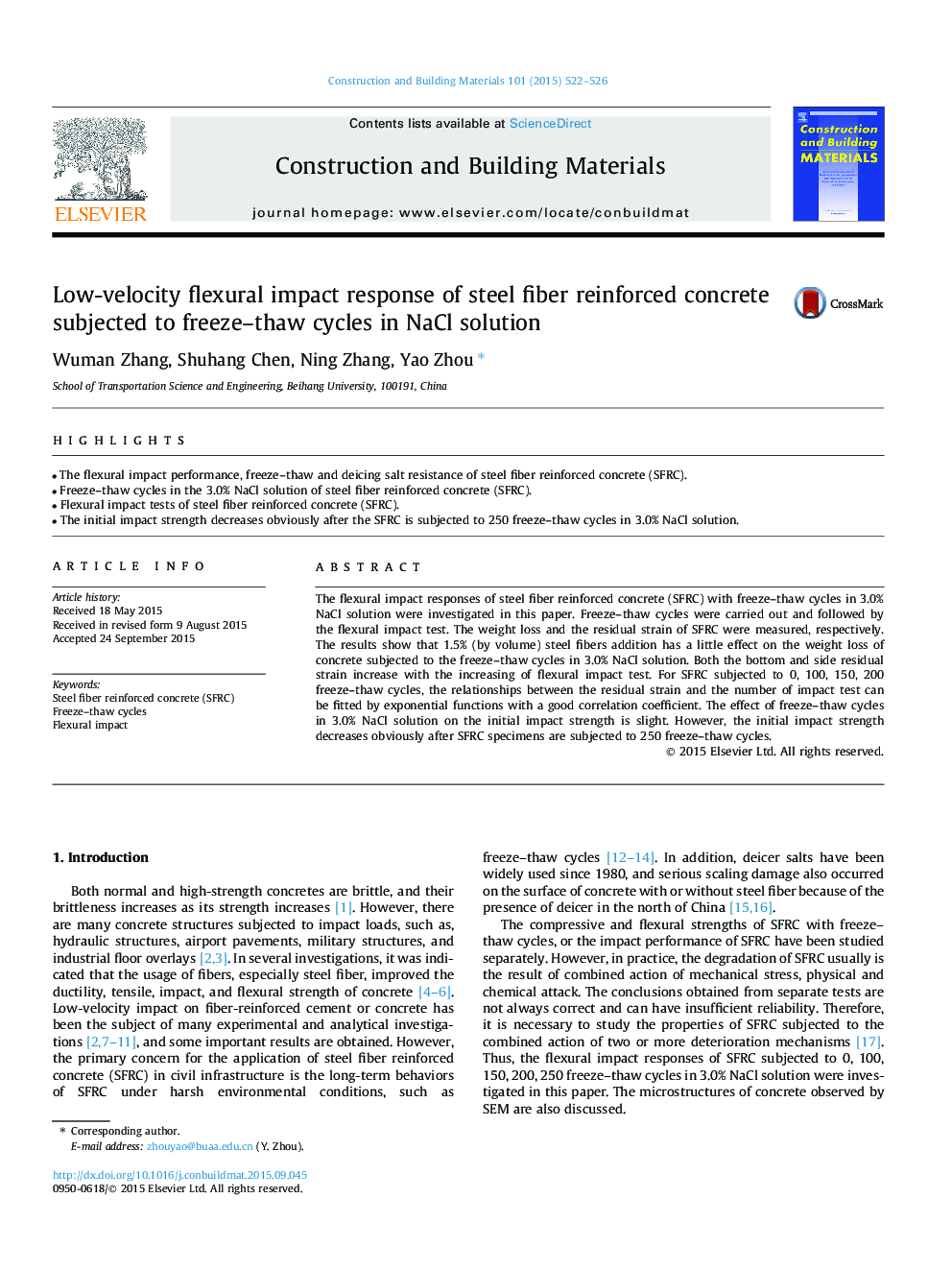 Low-velocity flexural impact response of steel fiber reinforced concrete subjected to freeze–thaw cycles in NaCl solution