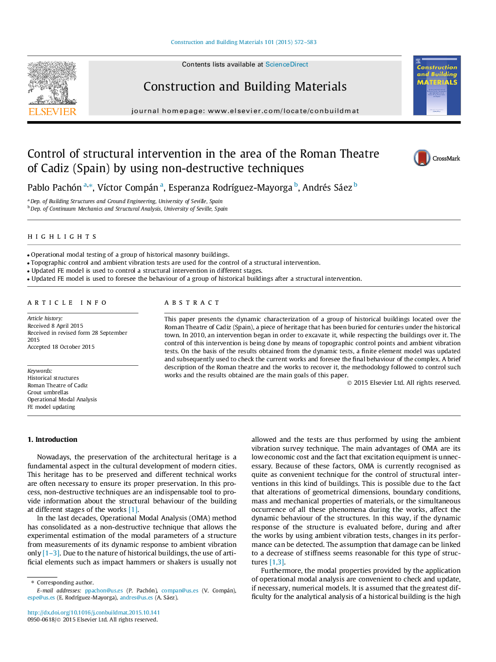 Control of structural intervention in the area of the Roman Theatre of Cadiz (Spain) by using non-destructive techniques