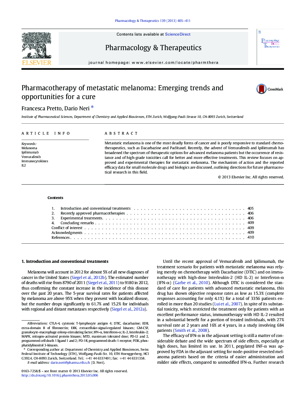 Pharmacotherapy of metastatic melanoma: Emerging trends and opportunities for a cure