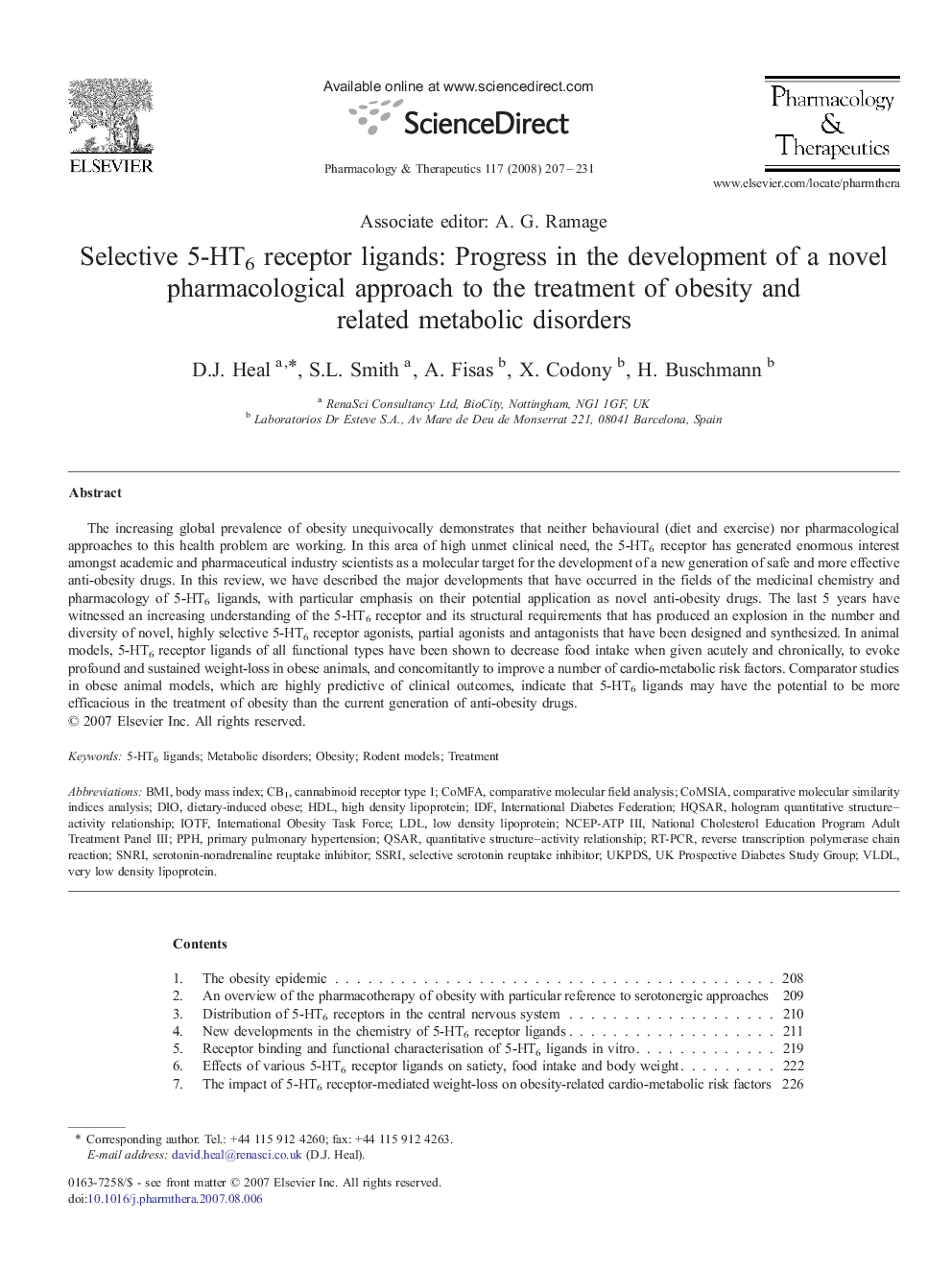 Selective 5-HT6 receptor ligands: Progress in the development of a novel pharmacological approach to the treatment of obesity and related metabolic disorders