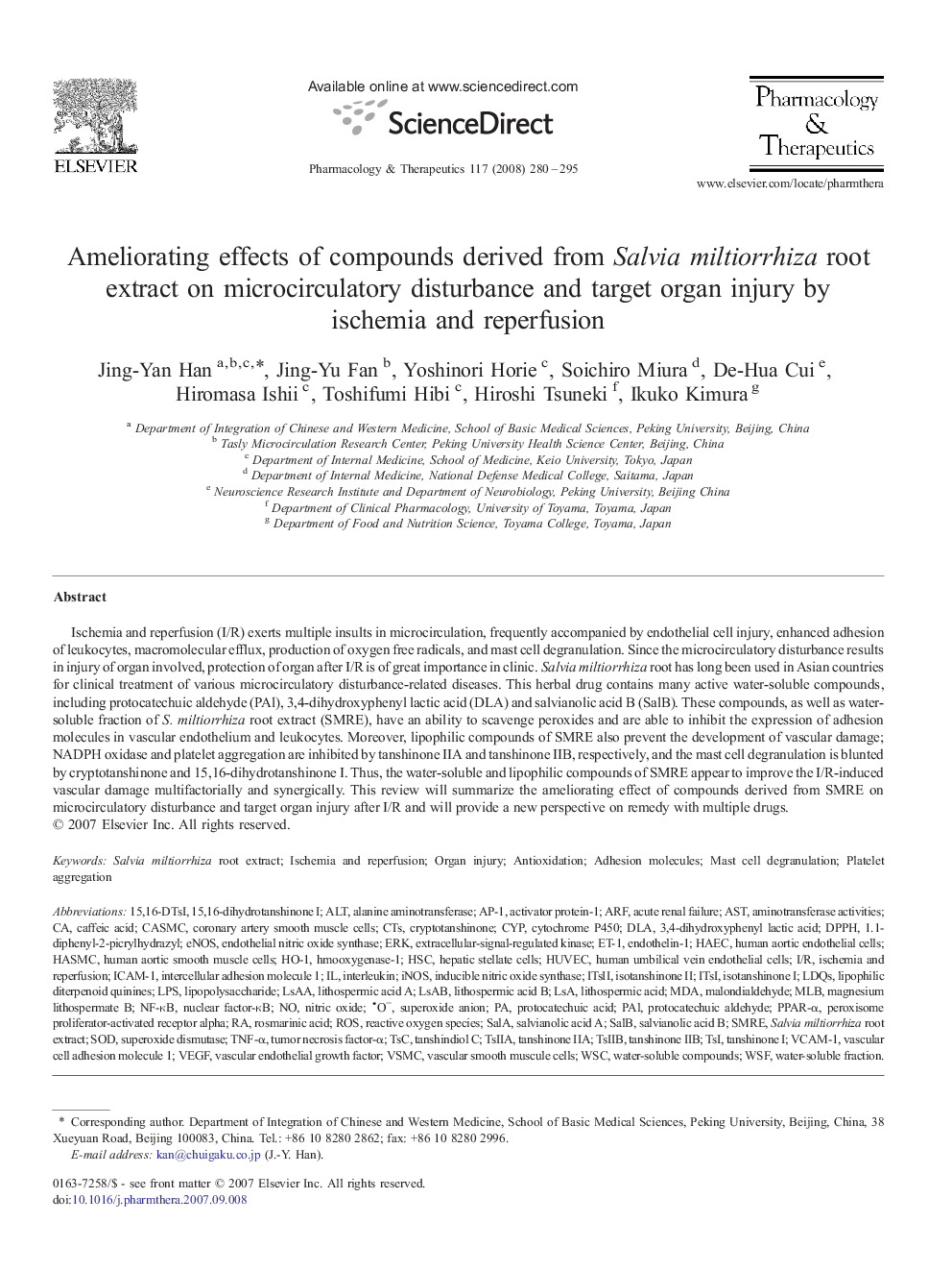 Ameliorating effects of compounds derived from Salvia miltiorrhiza root extract on microcirculatory disturbance and target organ injury by ischemia and reperfusion