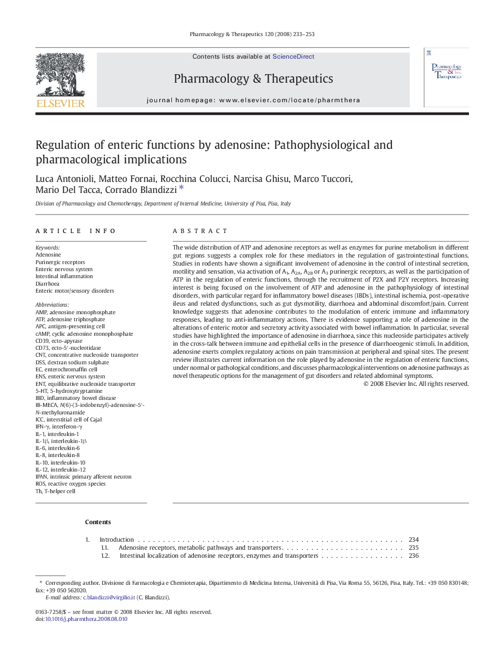 Regulation of enteric functions by adenosine: Pathophysiological and pharmacological implications