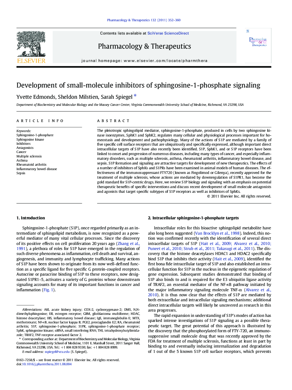 Development of small-molecule inhibitors of sphingosine-1-phosphate signaling