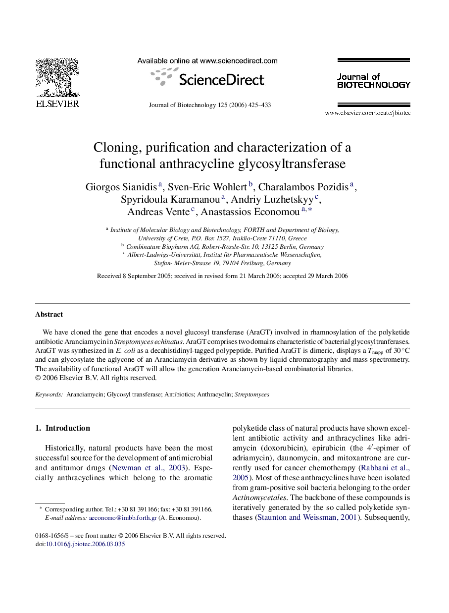 Cloning, purification and characterization of a functional anthracycline glycosyltransferase