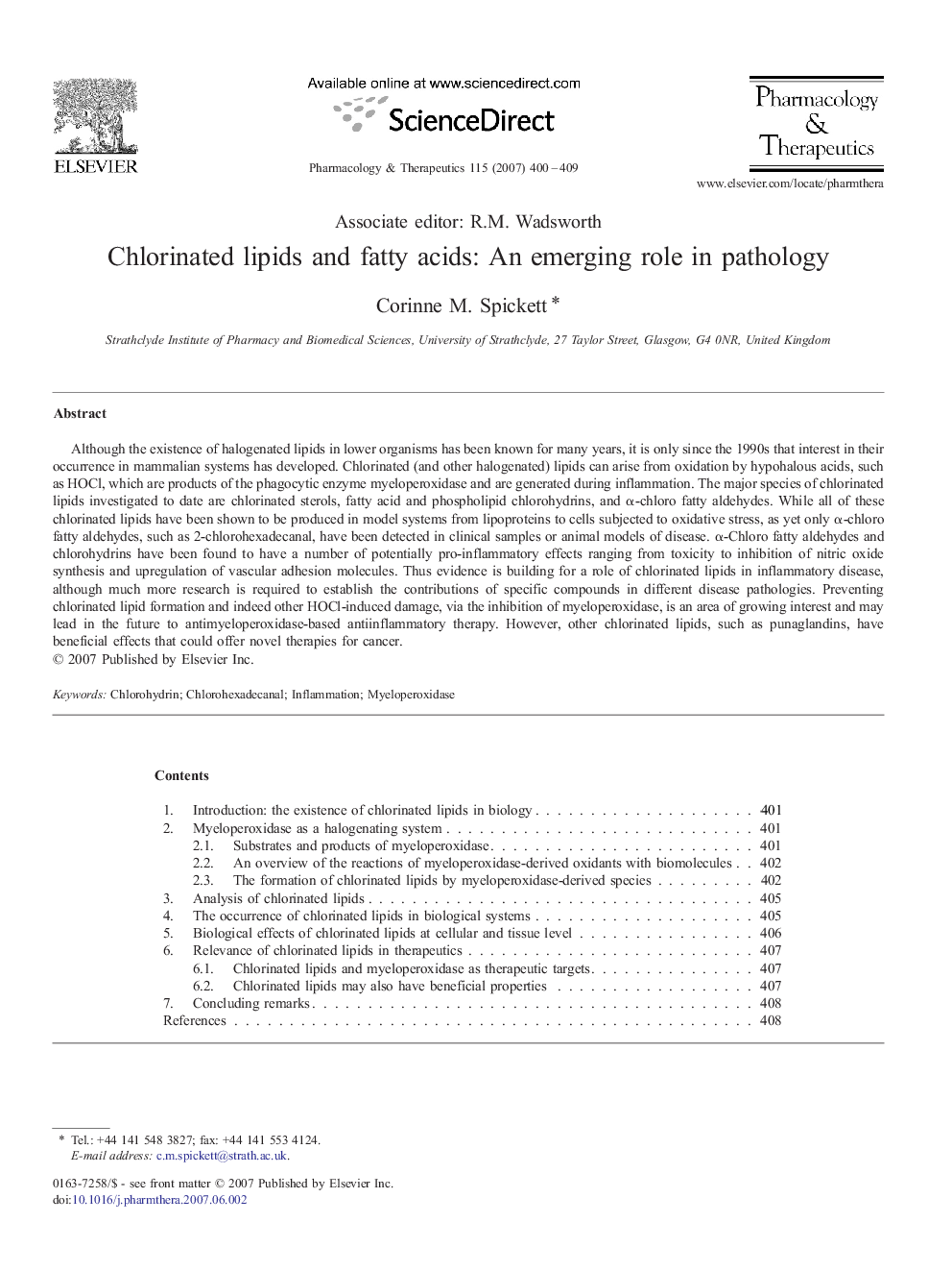 Chlorinated lipids and fatty acids: An emerging role in pathology