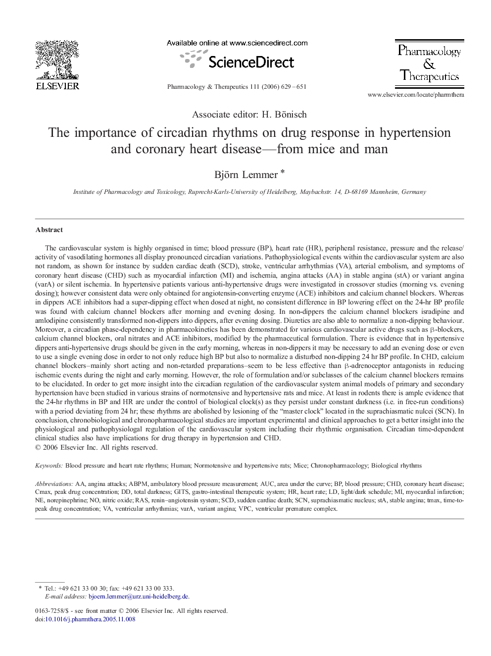 The importance of circadian rhythms on drug response in hypertension and coronary heart disease—from mice and man