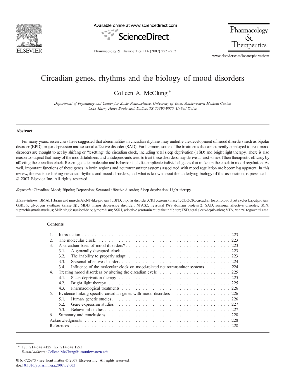 Circadian genes, rhythms and the biology of mood disorders