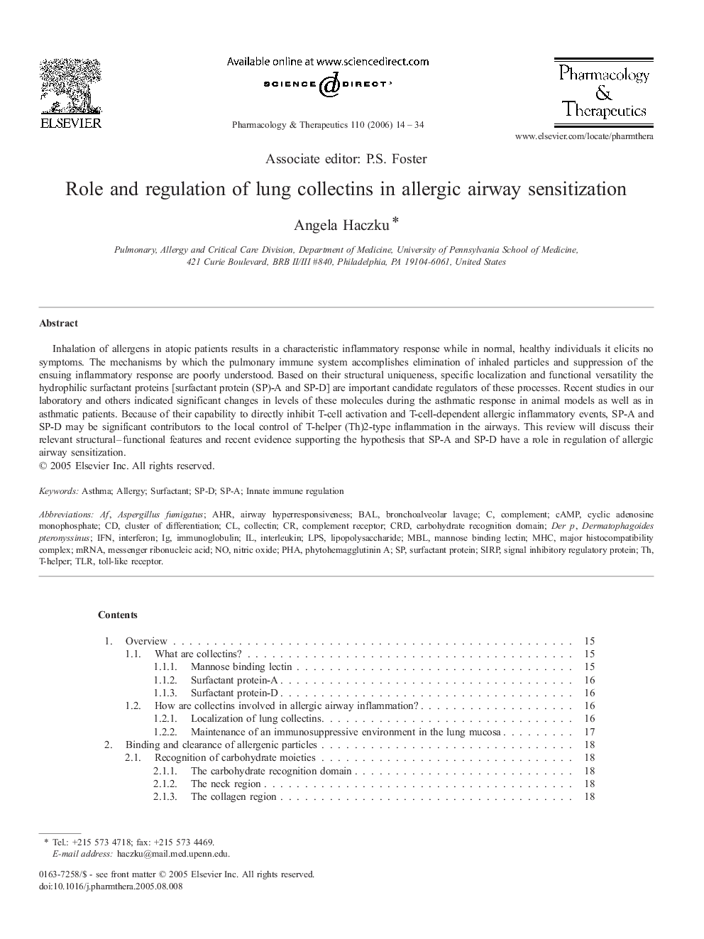 Role and regulation of lung collectins in allergic airway sensitization