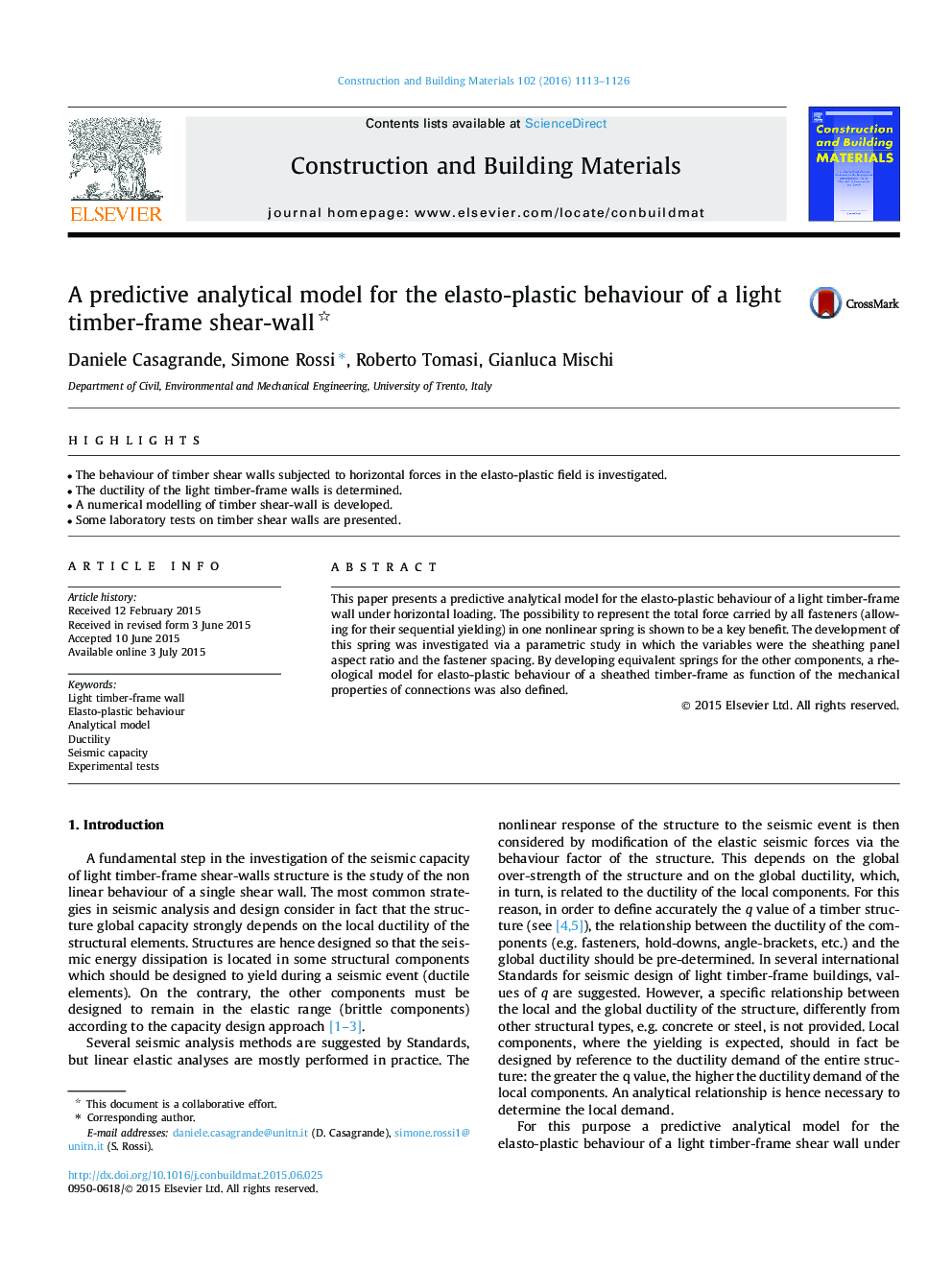 A predictive analytical model for the elasto-plastic behaviour of a light timber-frame shear-wall 