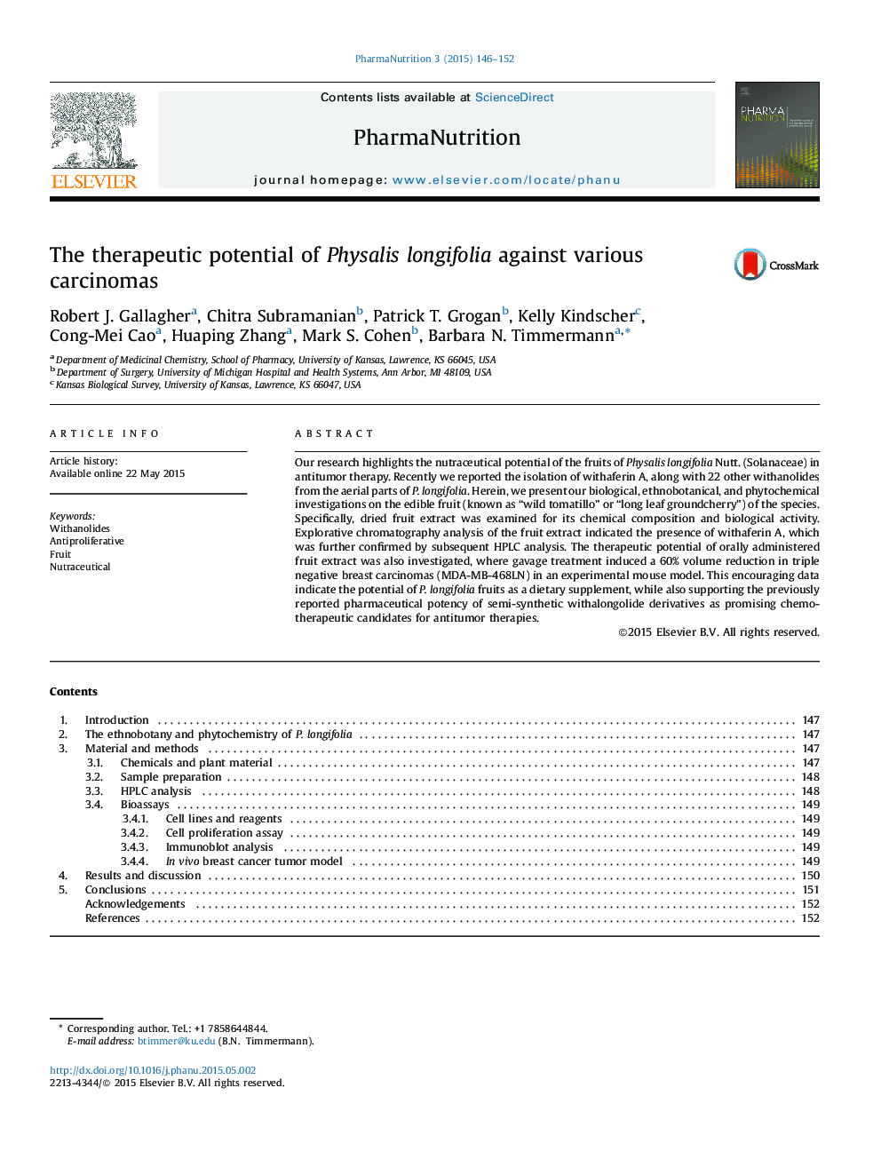 The therapeutic potential of Physalis longifolia against various carcinomas