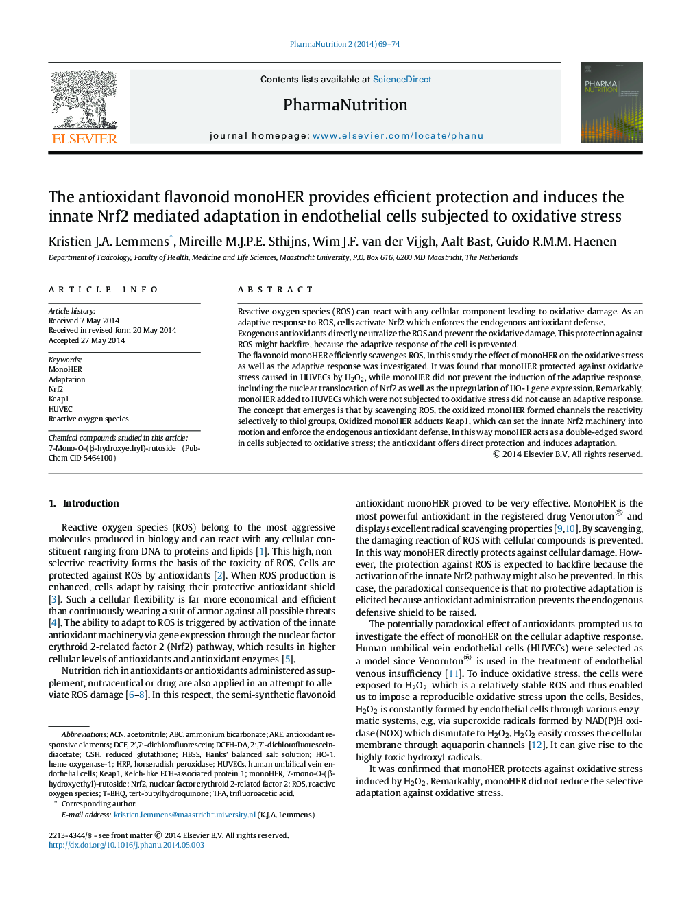 The antioxidant flavonoid monoHER provides efficient protection and induces the innate Nrf2 mediated adaptation in endothelial cells subjected to oxidative stress