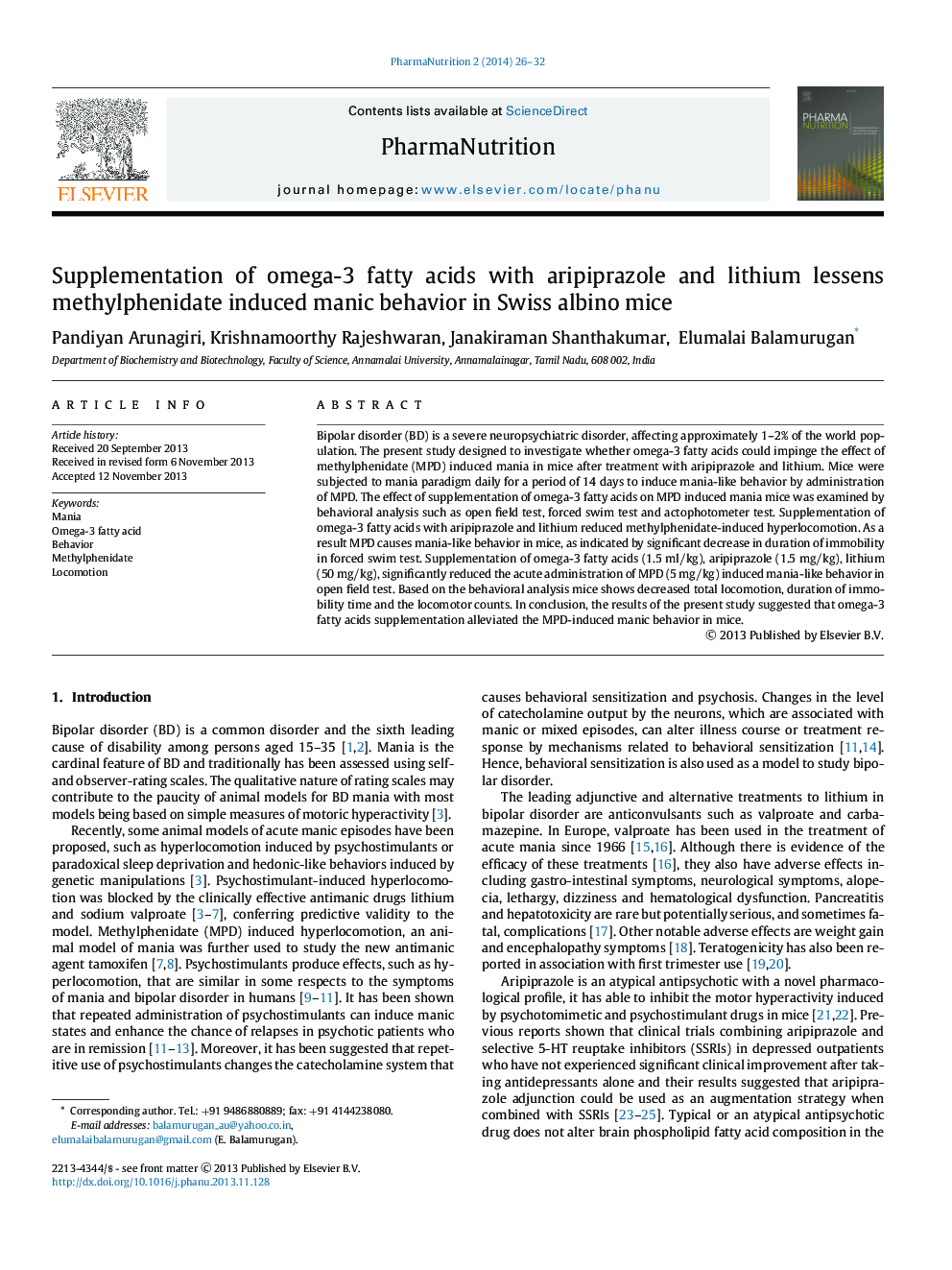 Supplementation of omega-3 fatty acids with aripiprazole and lithium lessens methylphenidate induced manic behavior in Swiss albino mice