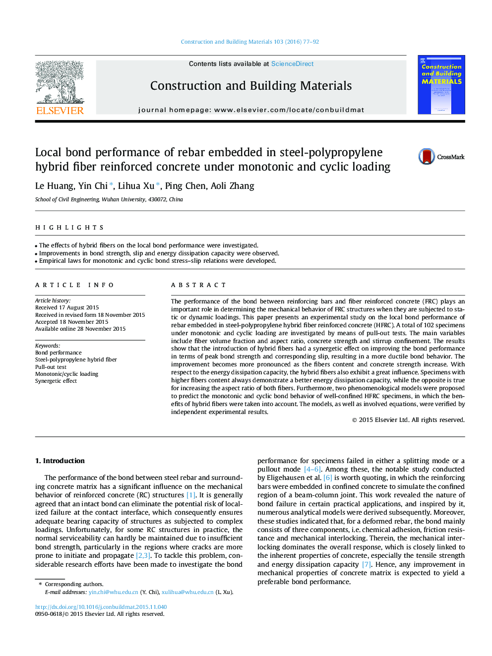 Local bond performance of rebar embedded in steel-polypropylene hybrid fiber reinforced concrete under monotonic and cyclic loading