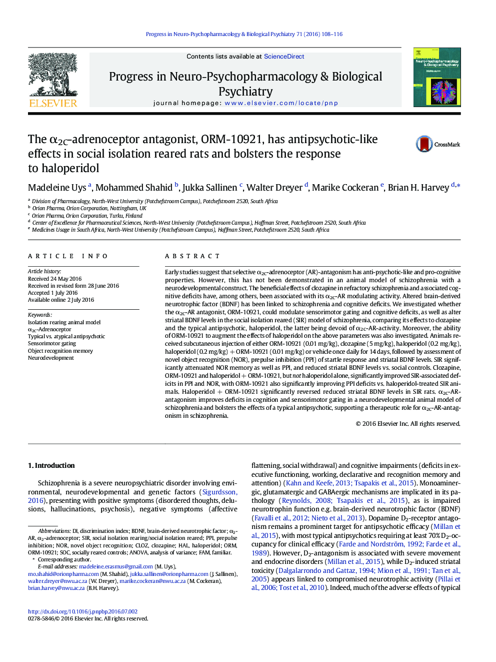 The α2C-adrenoceptor antagonist, ORM-10921, has antipsychotic-like effects in social isolation reared rats and bolsters the response to haloperidol