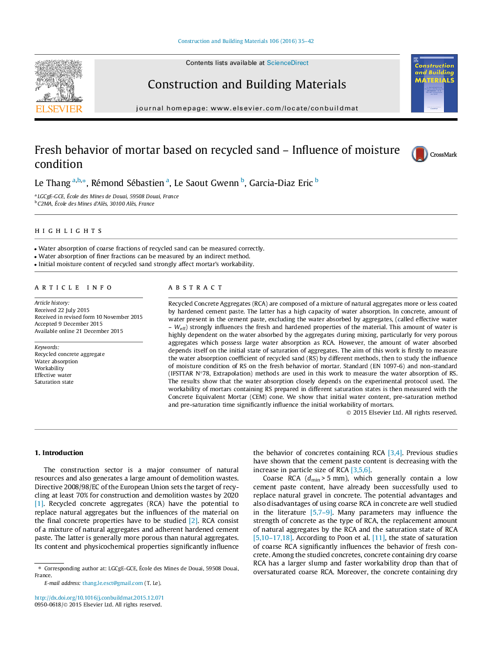 Fresh behavior of mortar based on recycled sand – Influence of moisture condition