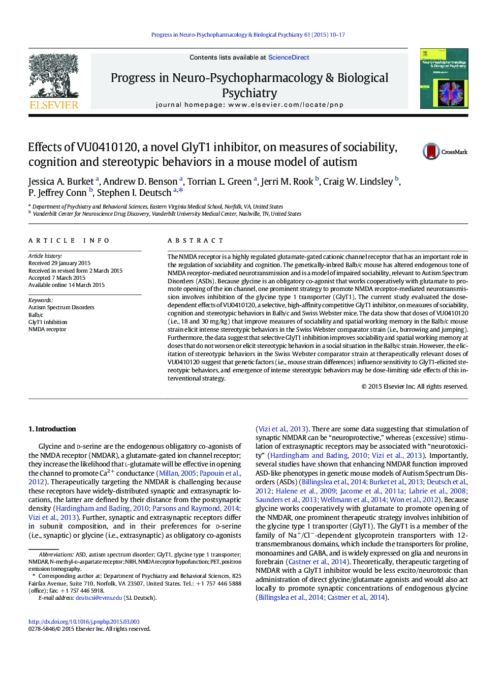 Effects of VU0410120, a novel GlyT1 inhibitor, on measures of sociability, cognition and stereotypic behaviors in a mouse model of autism