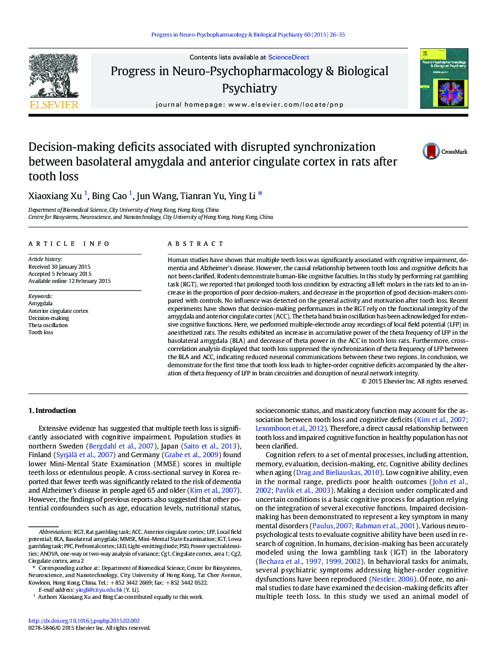 Decision-making deficits associated with disrupted synchronization between basolateral amygdala and anterior cingulate cortex in rats after tooth loss