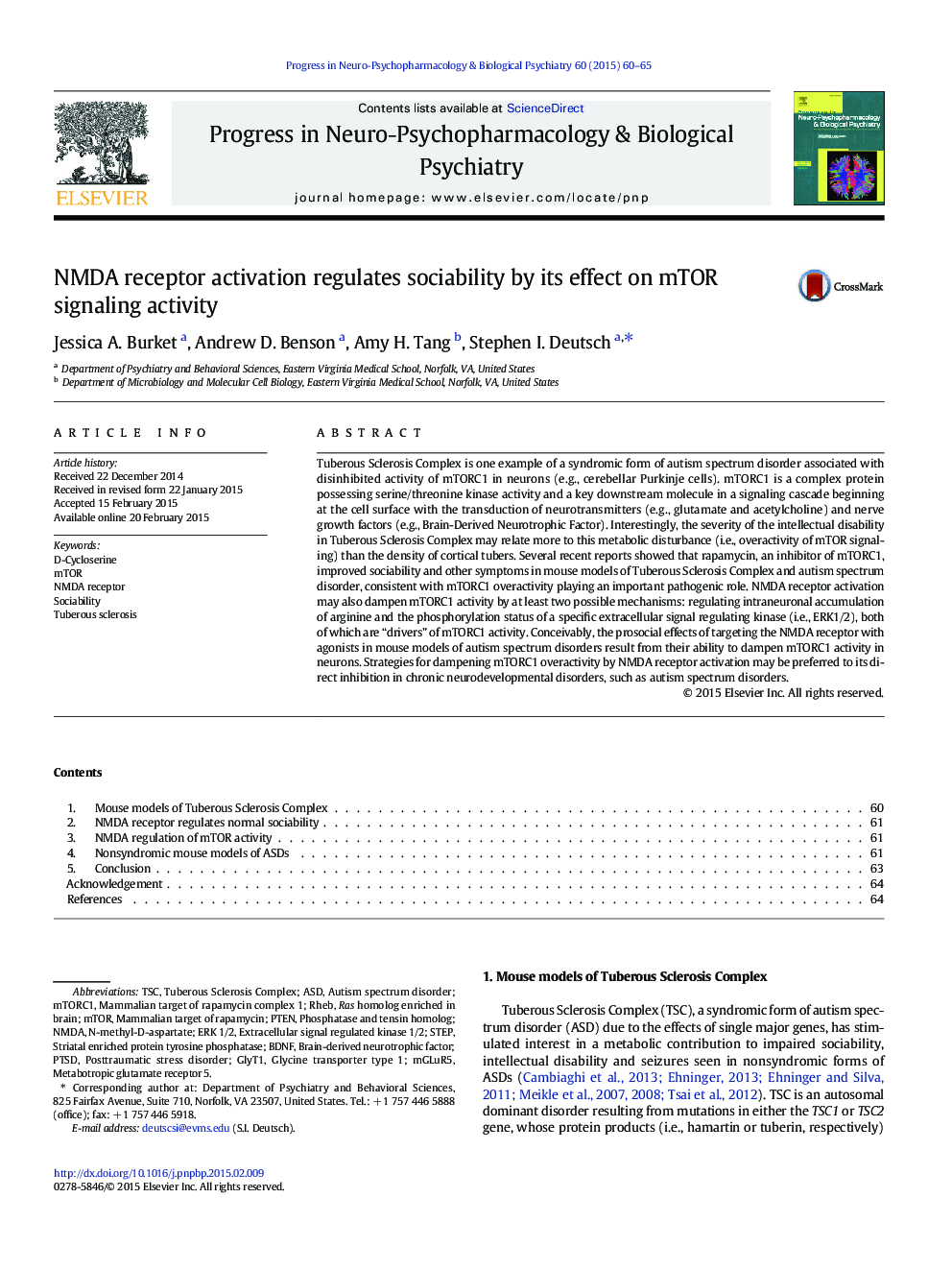 NMDA receptor activation regulates sociability by its effect on mTOR signaling activity