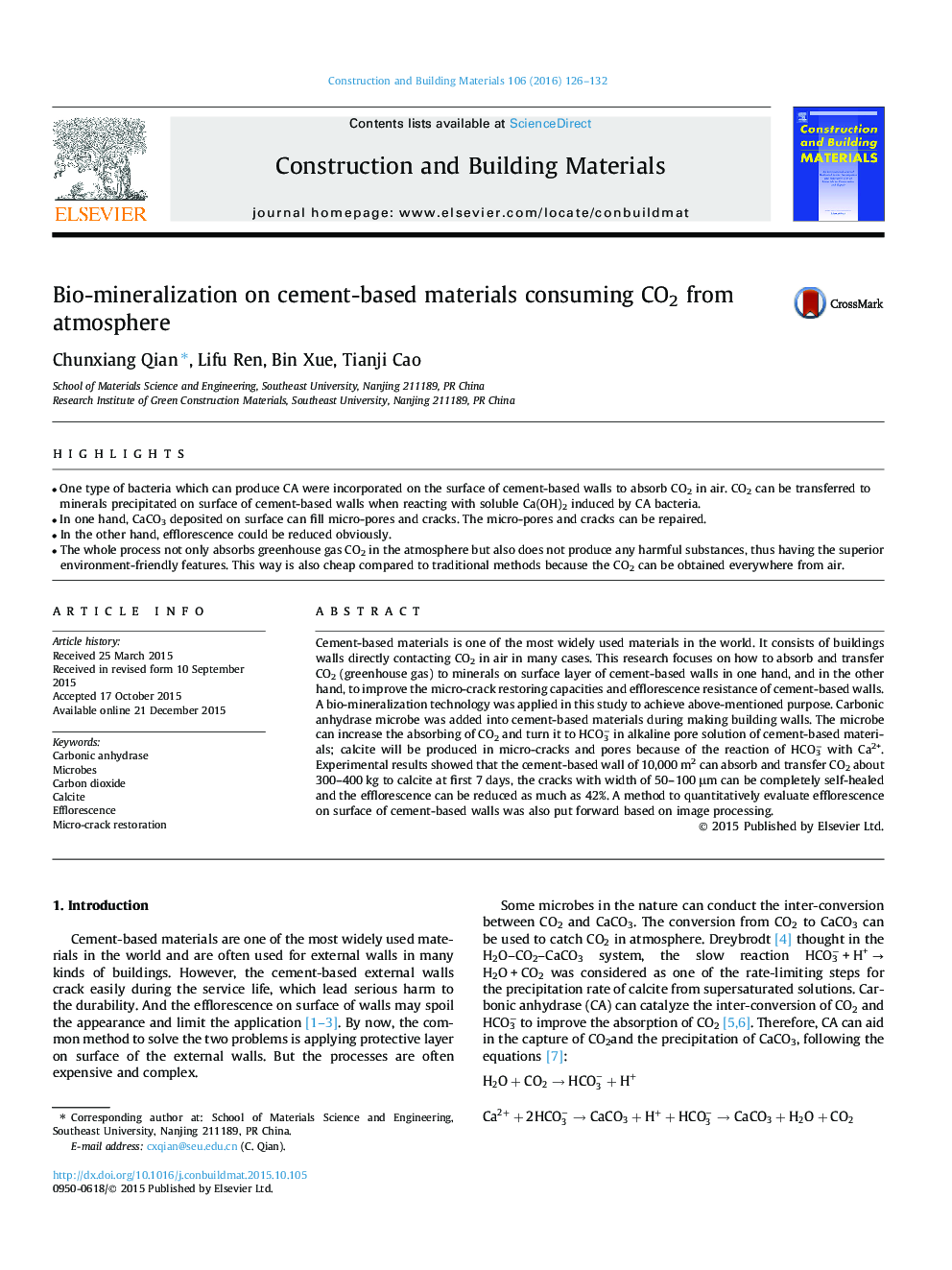 Bio-mineralization on cement-based materials consuming CO2 from atmosphere