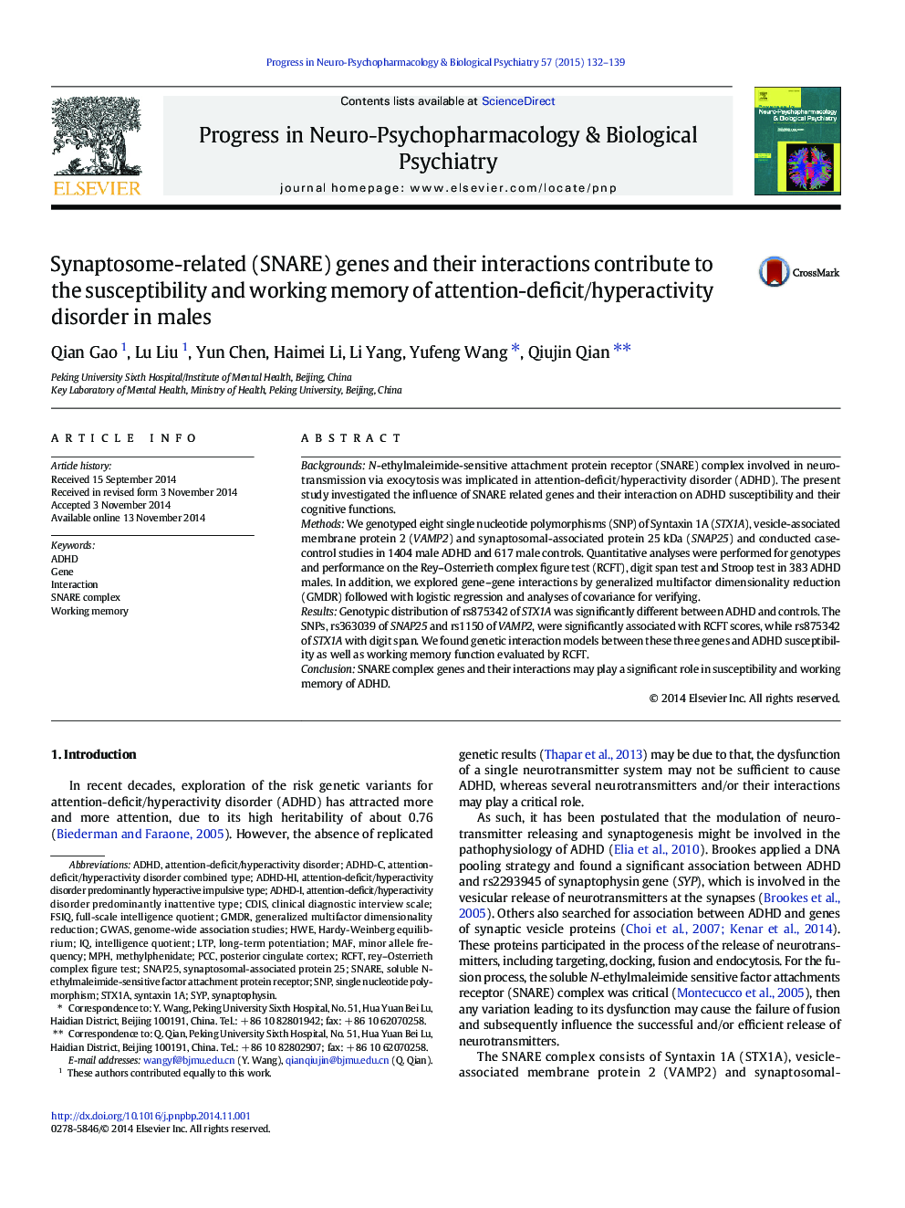 Synaptosome-related (SNARE) genes and their interactions contribute to the susceptibility and working memory of attention-deficit/hyperactivity disorder in males
