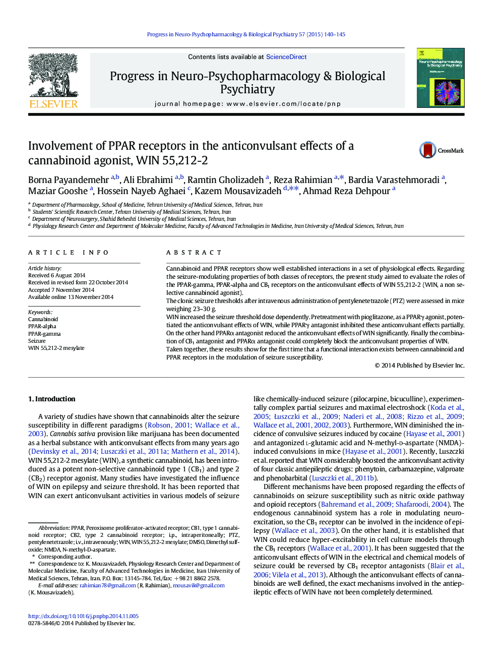 Involvement of PPAR receptors in the anticonvulsant effects of a cannabinoid agonist, WIN 55,212-2