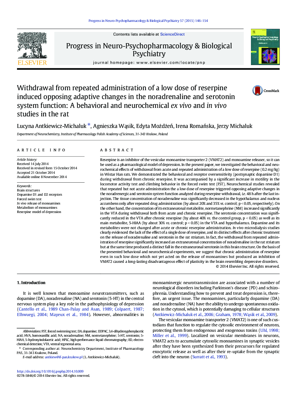 Withdrawal from repeated administration of a low dose of reserpine induced opposing adaptive changes in the noradrenaline and serotonin system function: A behavioral and neurochemical ex vivo and in vivo studies in the rat