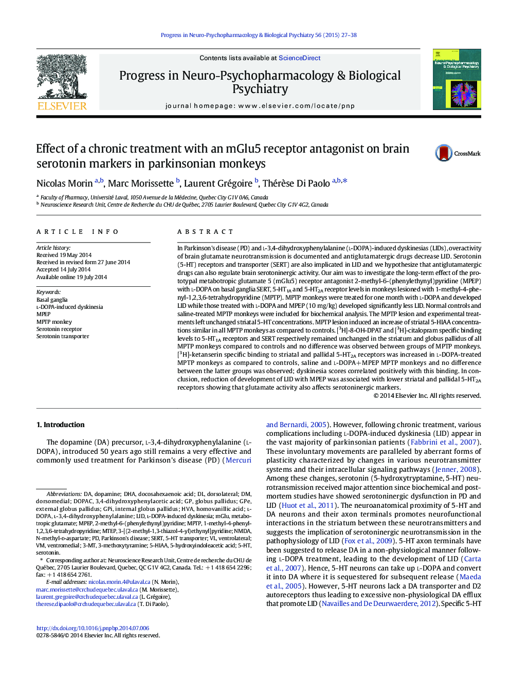 Effect of a chronic treatment with an mGlu5 receptor antagonist on brain serotonin markers in parkinsonian monkeys