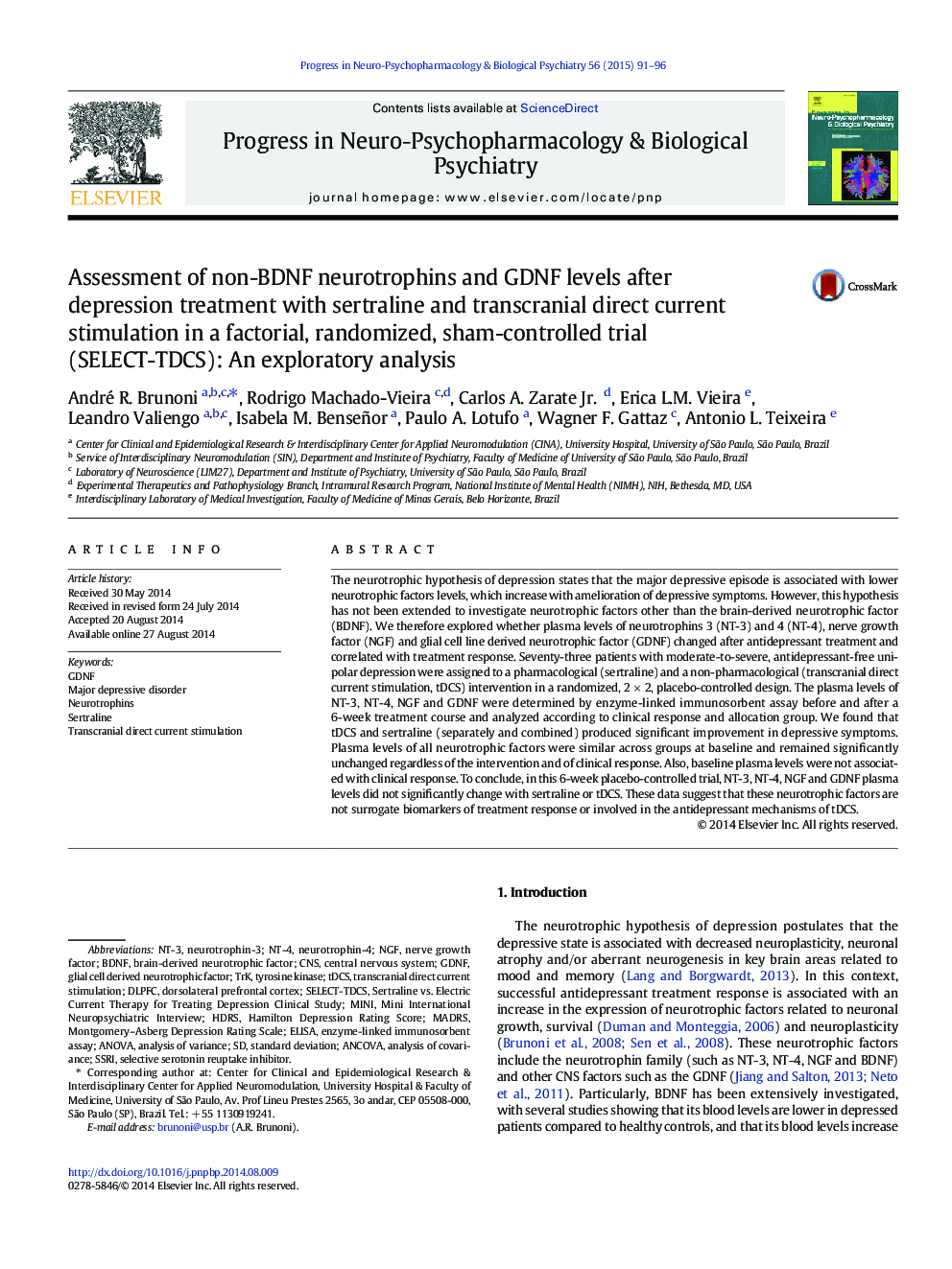 Assessment of non-BDNF neurotrophins and GDNF levels after depression treatment with sertraline and transcranial direct current stimulation in a factorial, randomized, sham-controlled trial (SELECT-TDCS): An exploratory analysis