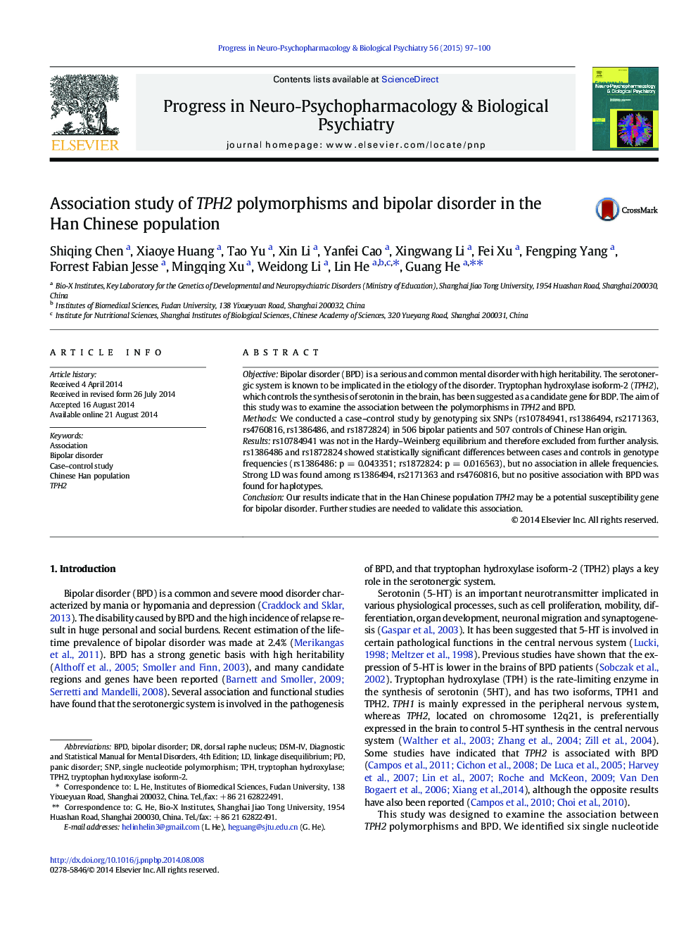 Association study of TPH2 polymorphisms and bipolar disorder in the Han Chinese population