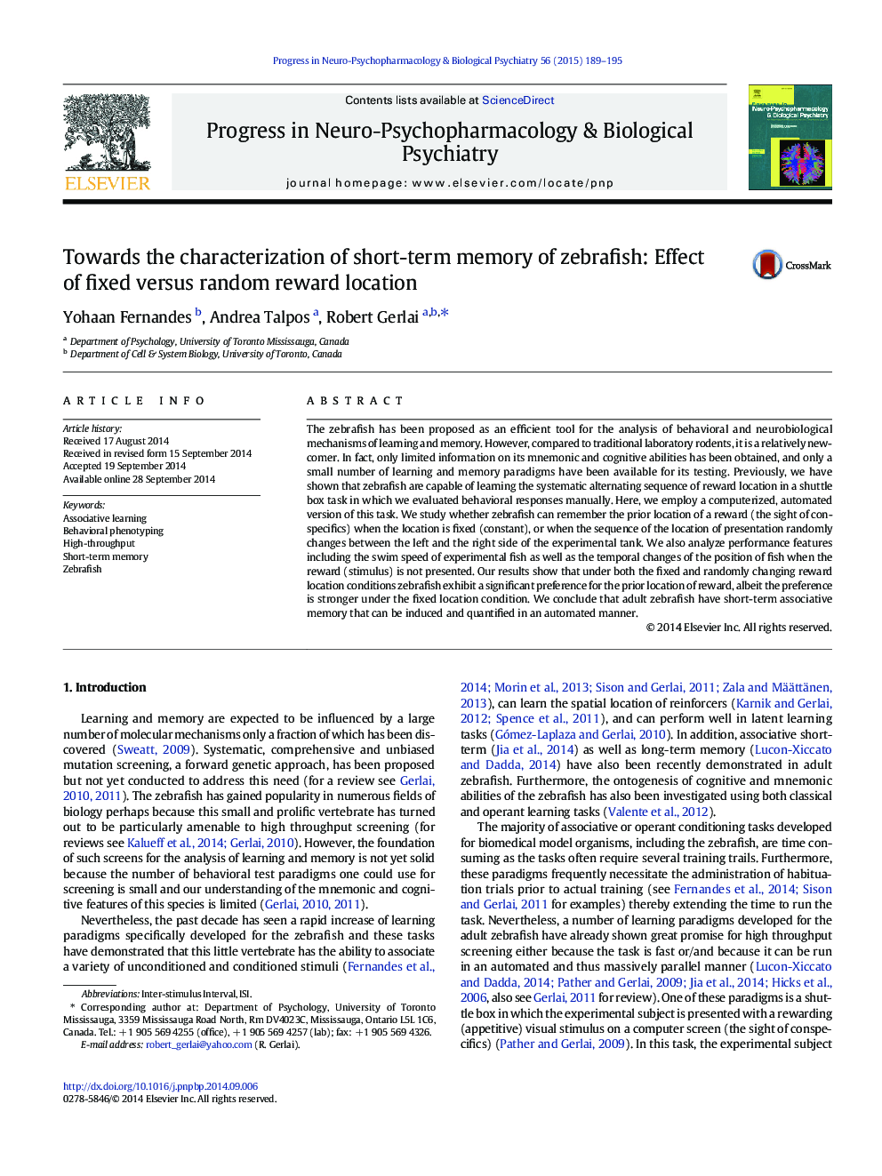 Towards the characterization of short-term memory of zebrafish: Effect of fixed versus random reward location