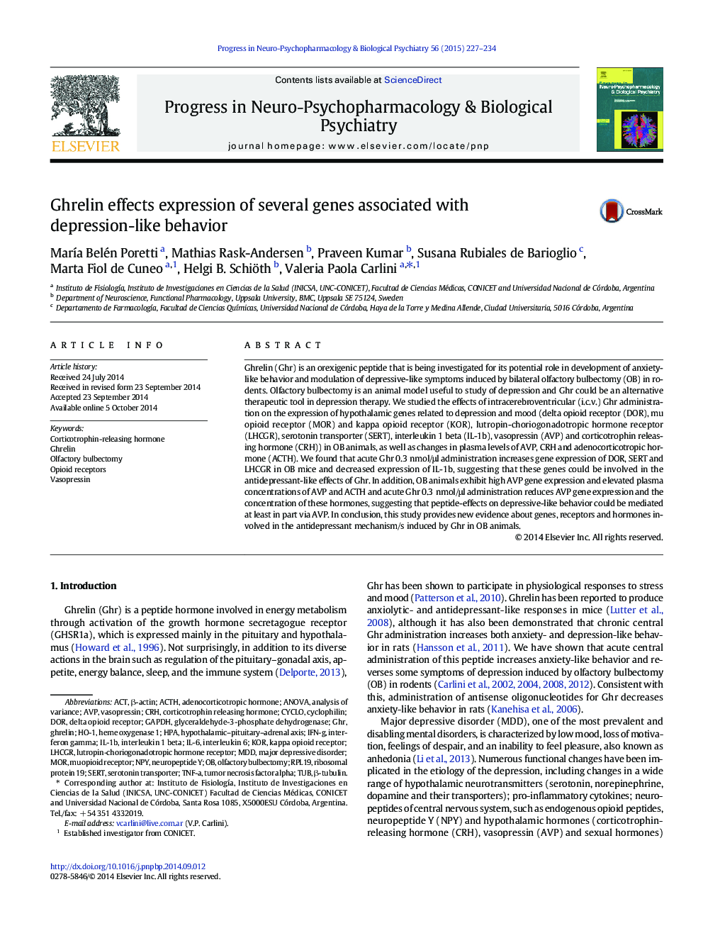 Ghrelin effects expression of several genes associated with depression-like behavior