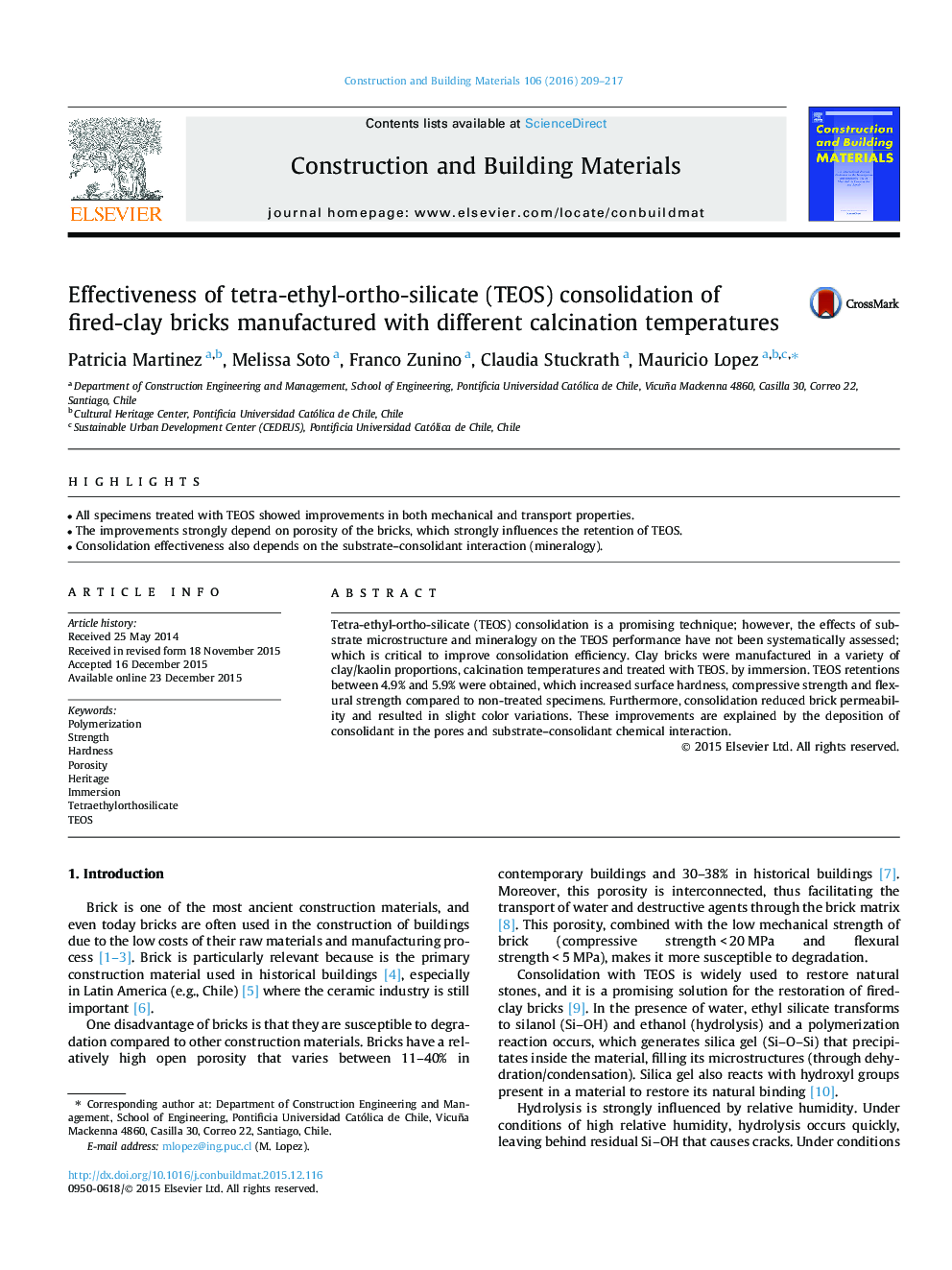 Effectiveness of tetra-ethyl-ortho-silicate (TEOS) consolidation of fired-clay bricks manufactured with different calcination temperatures