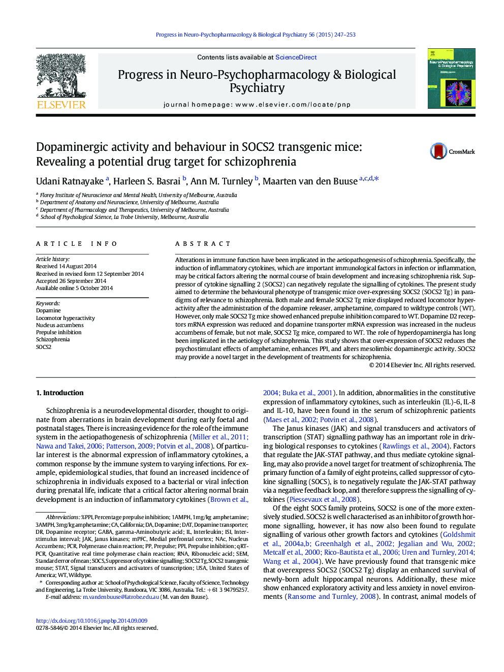 Dopaminergic activity and behaviour in SOCS2 transgenic mice: Revealing a potential drug target for schizophrenia