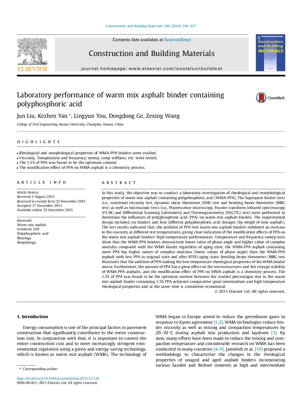 Laboratory performance of warm mix asphalt binder containing polyphosphoric acid