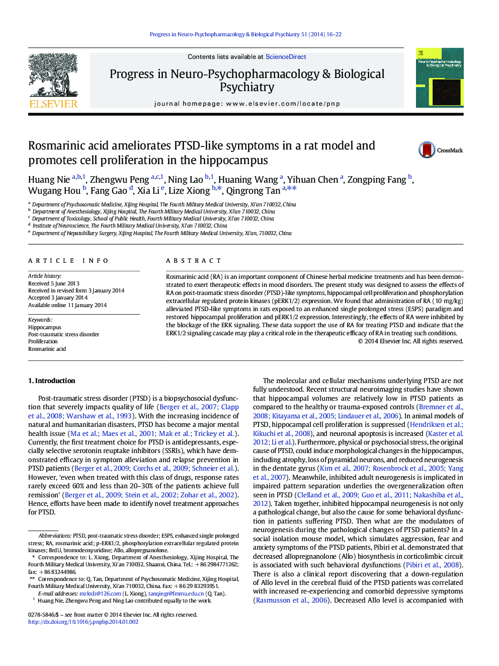 Rosmarinic acid ameliorates PTSD-like symptoms in a rat model and promotes cell proliferation in the hippocampus