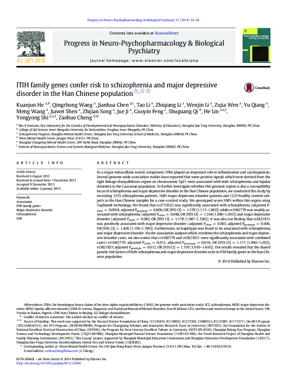 ITIH family genes confer risk to schizophrenia and major depressive disorder in the Han Chinese population 