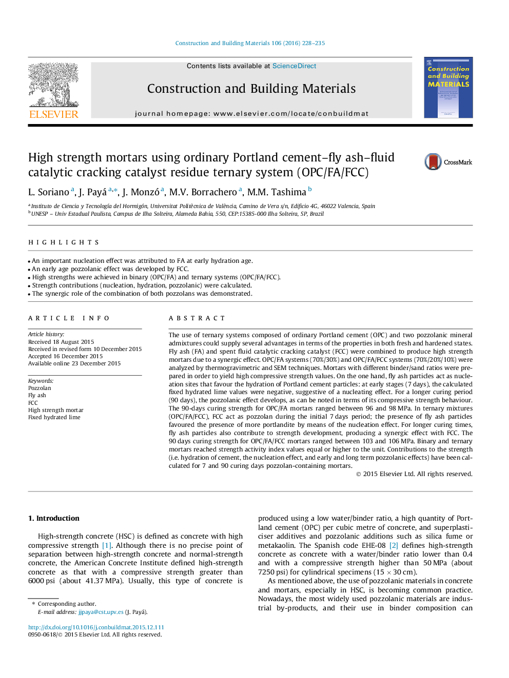 High strength mortars using ordinary Portland cement–fly ash–fluid catalytic cracking catalyst residue ternary system (OPC/FA/FCC)