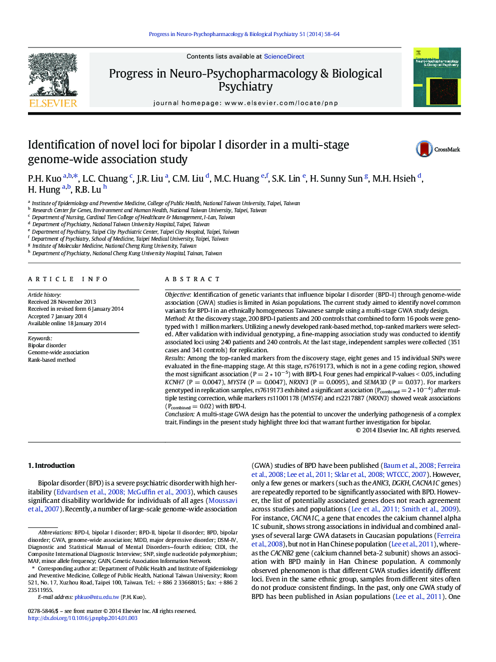 Identification of novel loci for bipolar I disorder in a multi-stage genome-wide association study