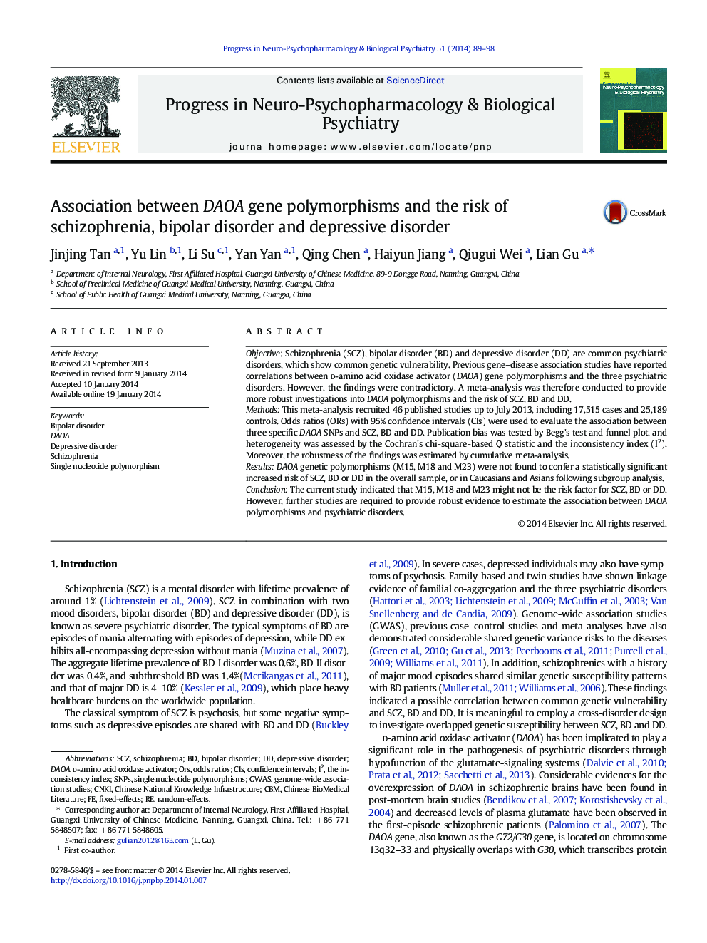 Association between DAOA gene polymorphisms and the risk of schizophrenia, bipolar disorder and depressive disorder