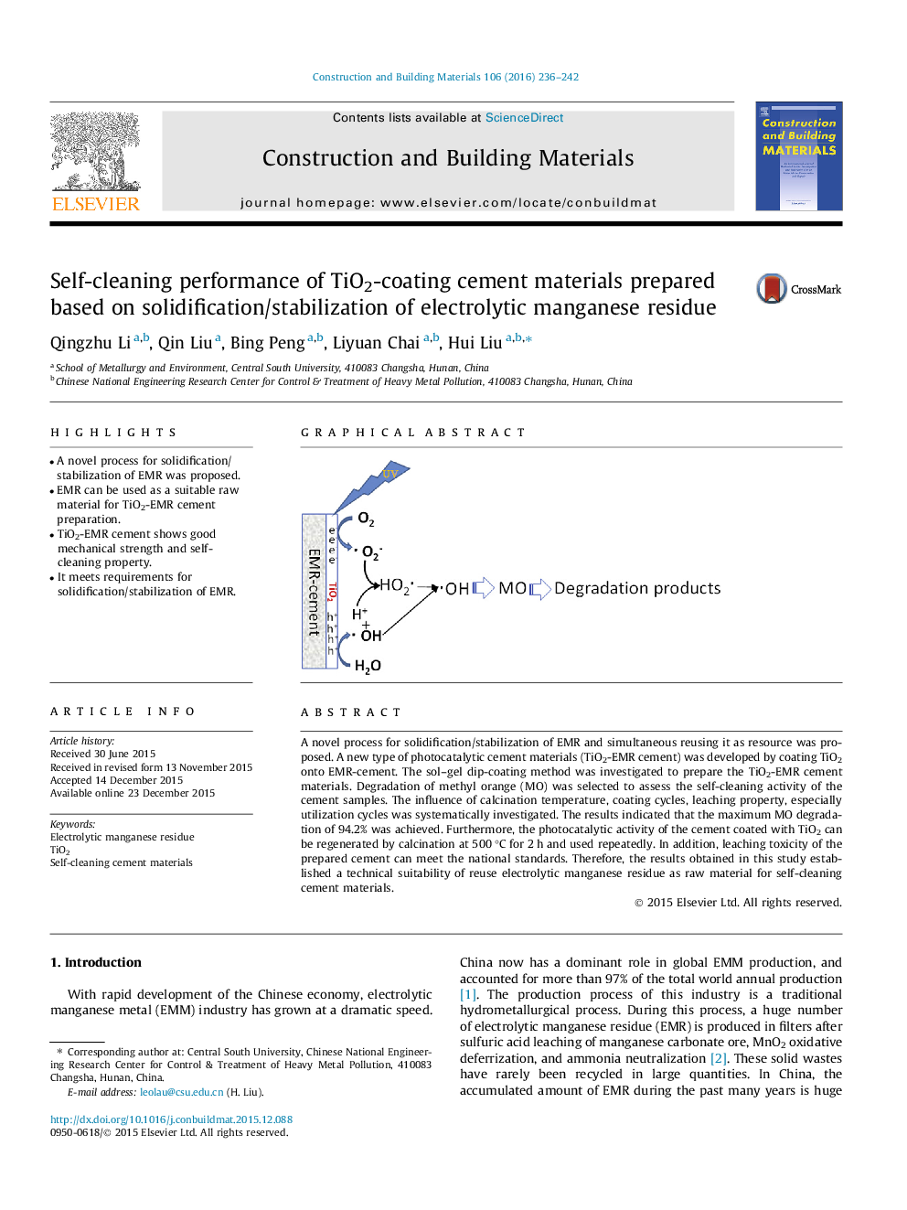 Self-cleaning performance of TiO2-coating cement materials prepared based on solidification/stabilization of electrolytic manganese residue