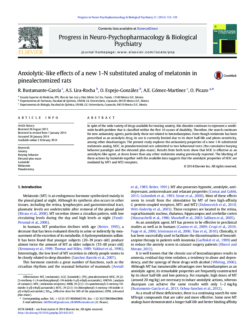 Anxiolytic-like effects of a new 1-N substituted analog of melatonin in pinealectomized rats