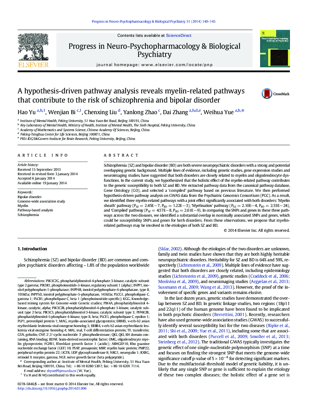 A hypothesis-driven pathway analysis reveals myelin-related pathways that contribute to the risk of schizophrenia and bipolar disorder