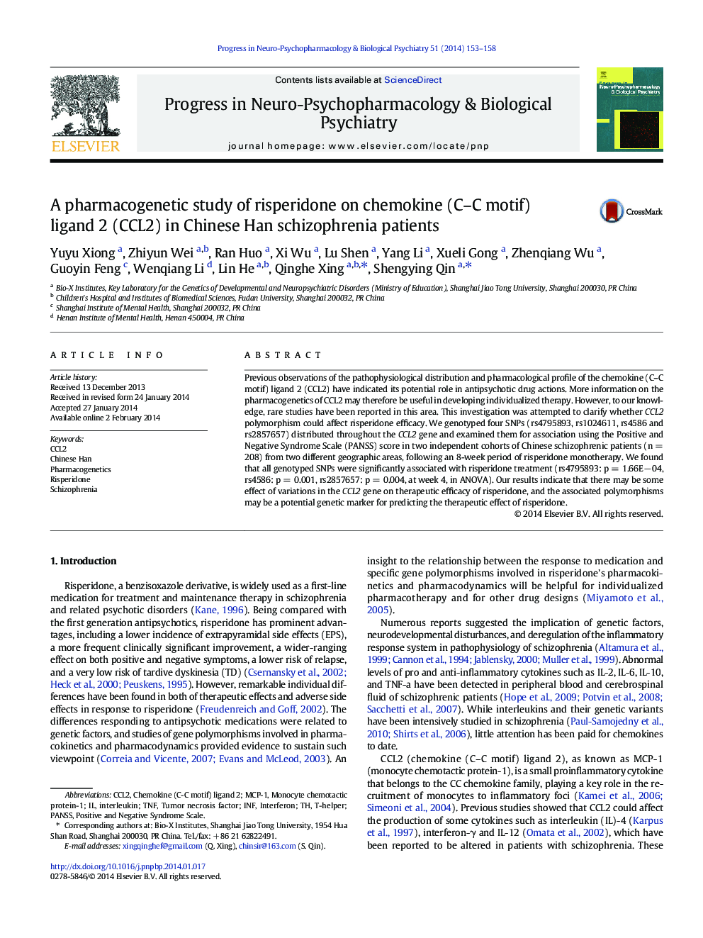 A pharmacogenetic study of risperidone on chemokine (C–C motif) ligand 2 (CCL2) in Chinese Han schizophrenia patients