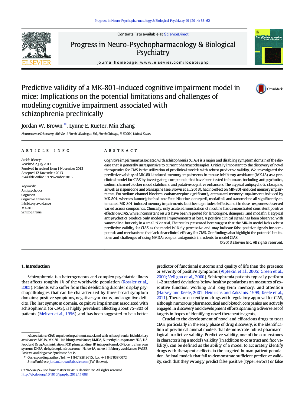 Predictive validity of a MK-801-induced cognitive impairment model in mice: Implications on the potential limitations and challenges of modeling cognitive impairment associated with schizophrenia preclinically