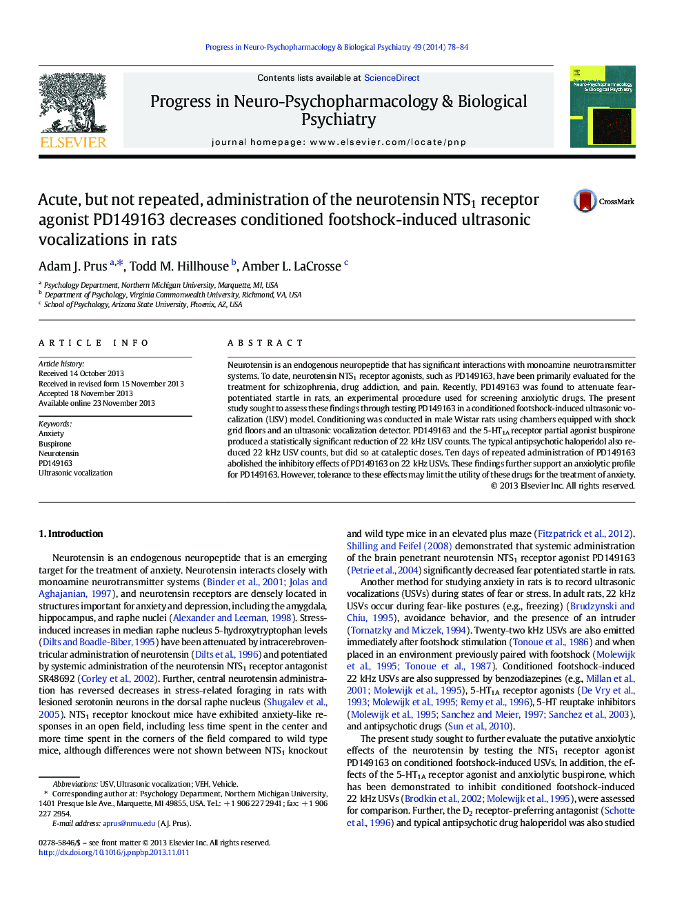 Acute, but not repeated, administration of the neurotensin NTS1 receptor agonist PD149163 decreases conditioned footshock-induced ultrasonic vocalizations in rats