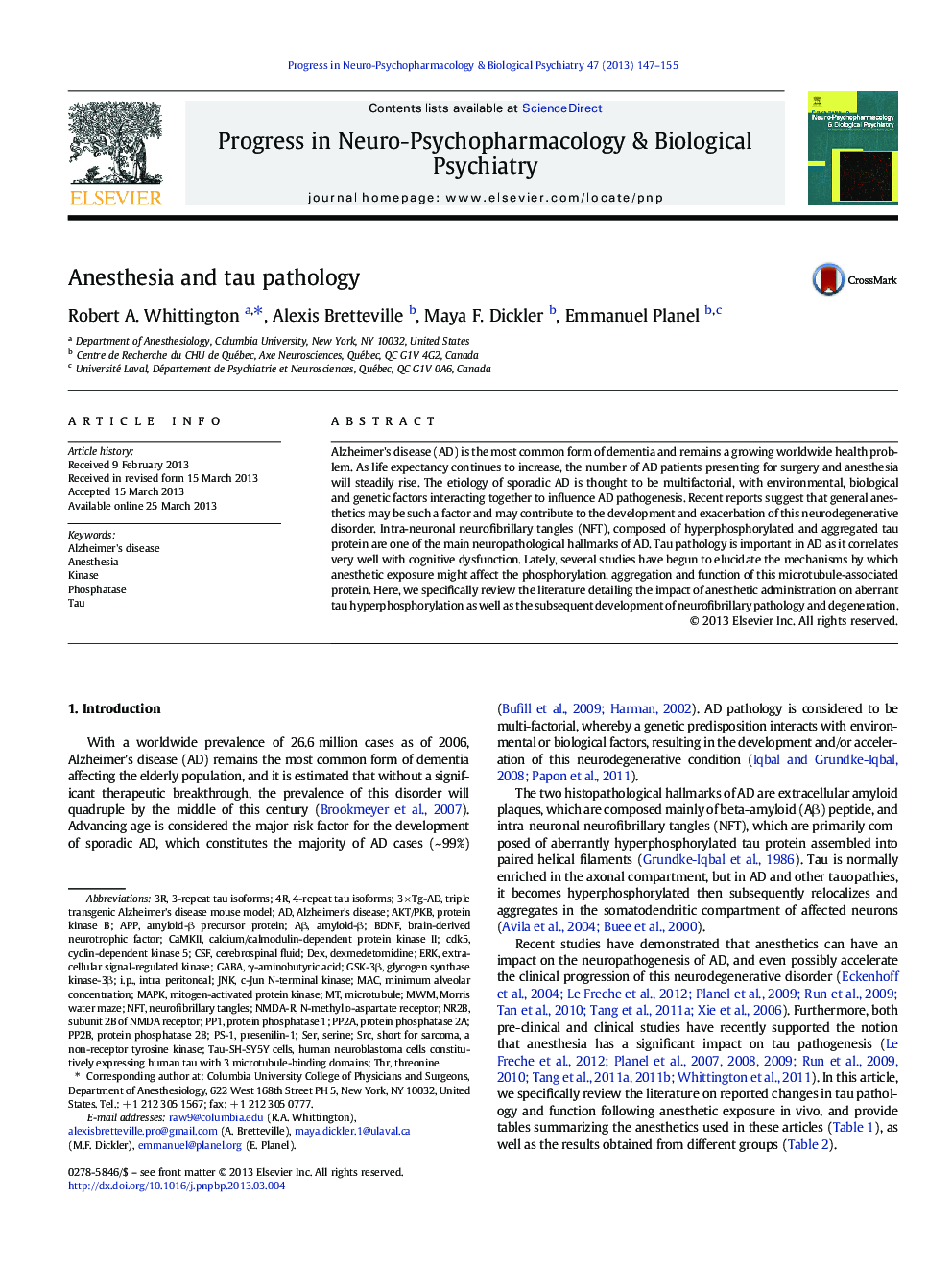 Anesthesia and tau pathology