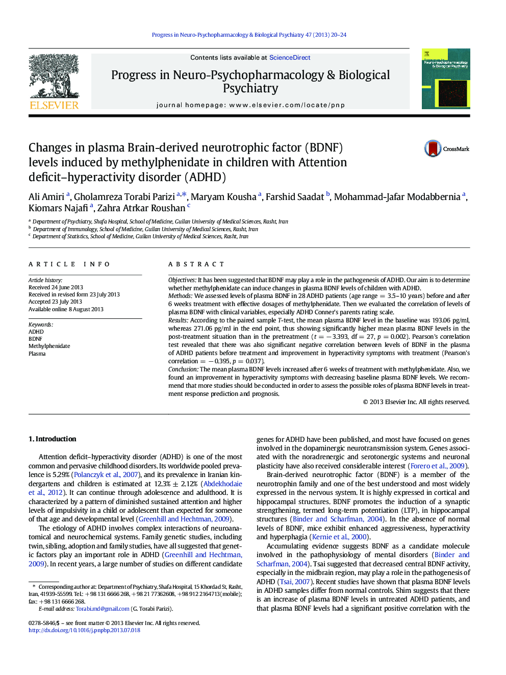 Changes in plasma Brain-derived neurotrophic factor (BDNF) levels induced by methylphenidate in children with Attention deficit–hyperactivity disorder (ADHD)